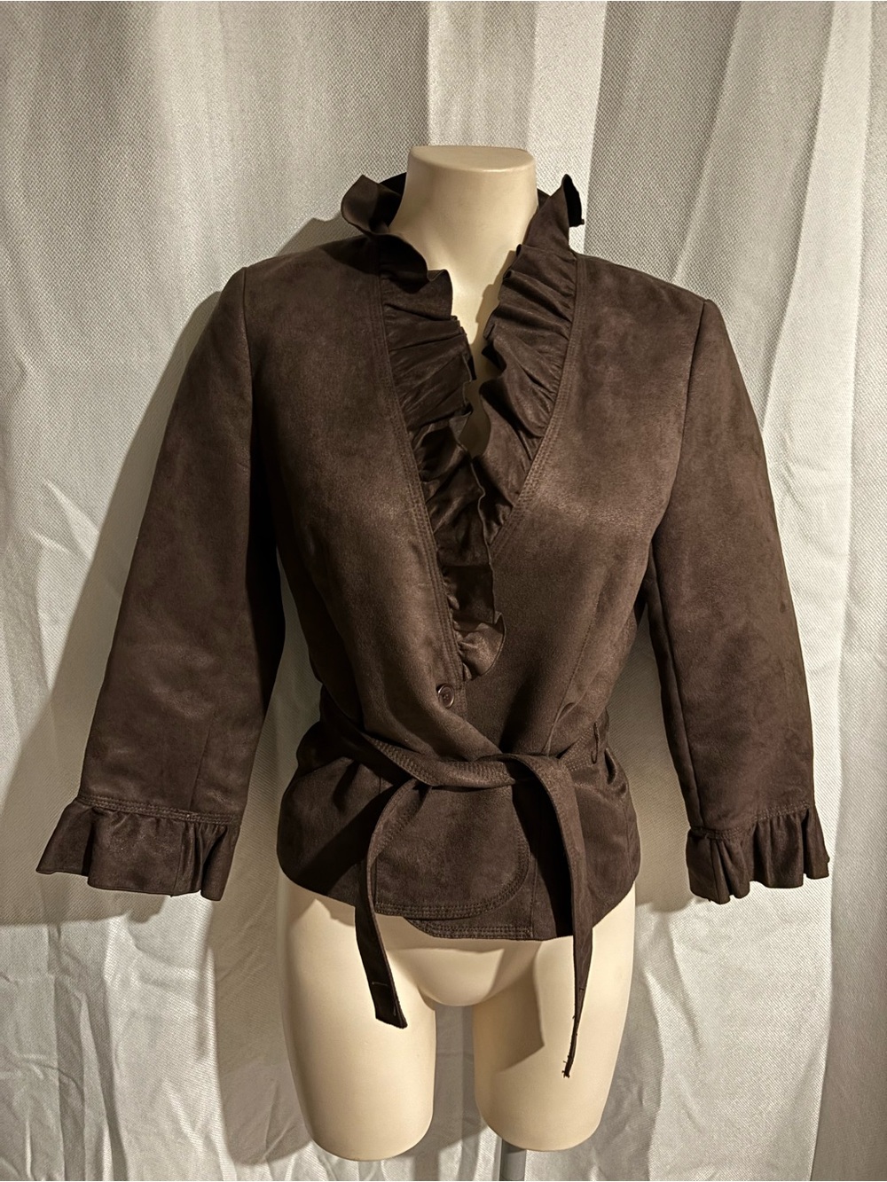 Peter Nygard Brown Suede Ruffle-Trim Wrap Jacket